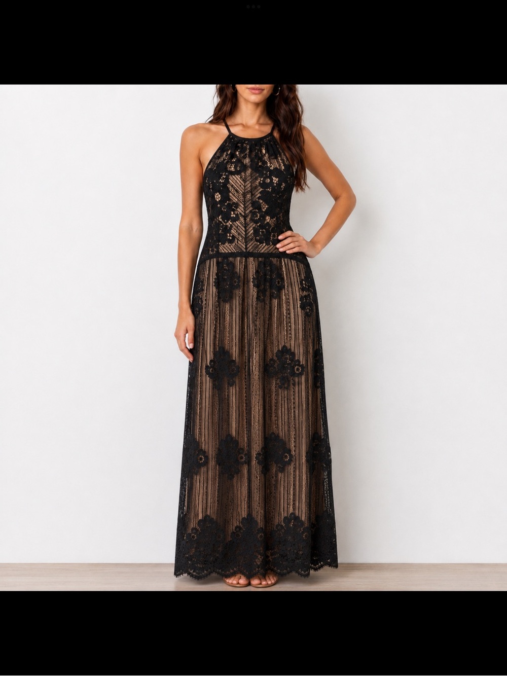 Vintage Black Crochet Lace Halter Maxi Dress With Nude Underlay Large Whimsigoth